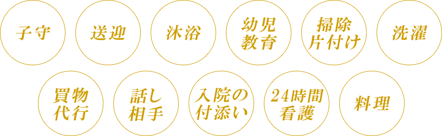 子守｜送迎｜沐浴｜幼児教育｜掃除片付け｜洗濯｜買い物代行｜話し相手｜入院の付き添い｜24時間看護｜料理