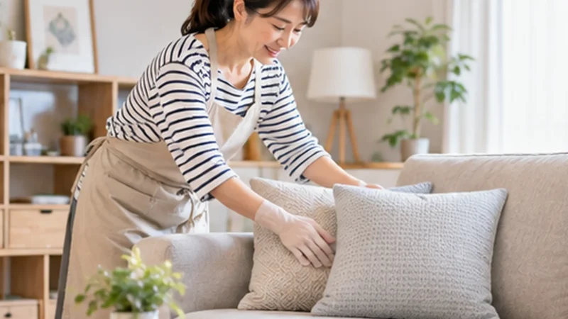 新潟県・新潟市向け家事代行求人の写真イメージ。日本の一般家庭でリビングのソファを整える家事代行スタッフ