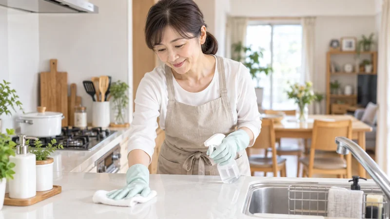 栃木県・宇都宮市周辺向け家事代行求人の写真イメージ。日本の一般家庭でキッチンカウンターを清掃する家事代行スタッフ