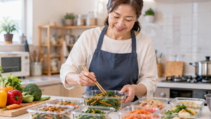 愛知県・名古屋市周辺向け料理代行求人の写真イメージ。一般家庭のキッチンで家庭料理の作り置きを保存容器に盛り付けるスタッフ