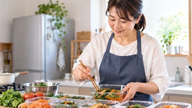 岐阜県・岐阜市周辺向け料理代行求人の写真イメージ。一般家庭のキッチンで家庭料理の作り置きを保存容器に盛り付けるスタッフ