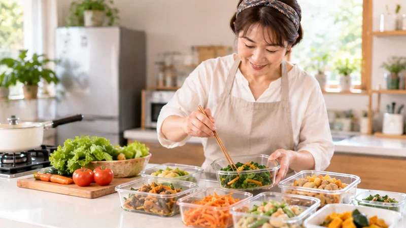 茨城県・つくば市周辺向け料理代行求人の写真イメージ。一般家庭のキッチンで家庭料理の作り置きを保存容器に盛り付けるスタッフ