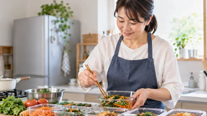 岩手県・盛岡市周辺向け料理代行求人の写真イメージ。一般家庭のキッチンで家庭料理の作り置きを保存容器に盛り付けるスタッフ