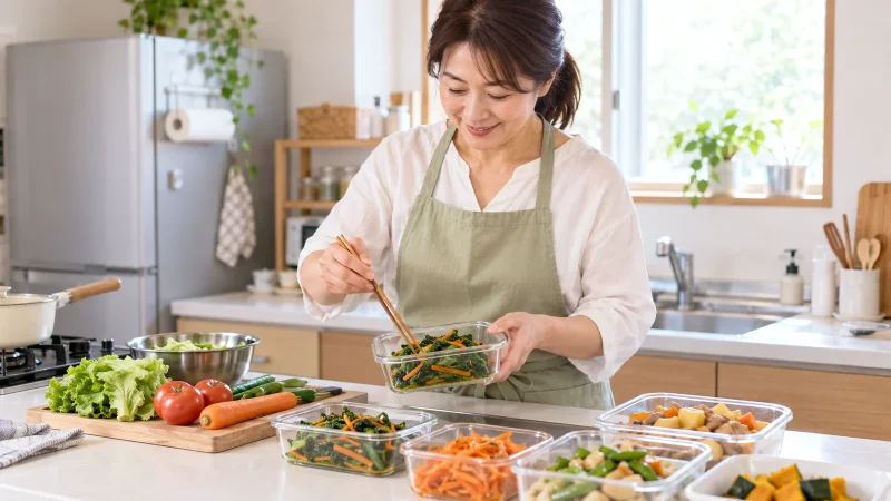 静岡県・浜松市周辺向け料理代行求人の写真イメージ。一般家庭のキッチンで複数の家庭料理と作り置きを準備するスタッフ