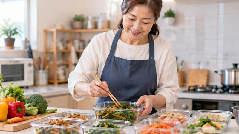 栃木県・宇都宮市周辺向け料理代行求人の写真イメージ。一般家庭のキッチンで家庭料理の作り置きを保存容器に盛り付けるスタッフ